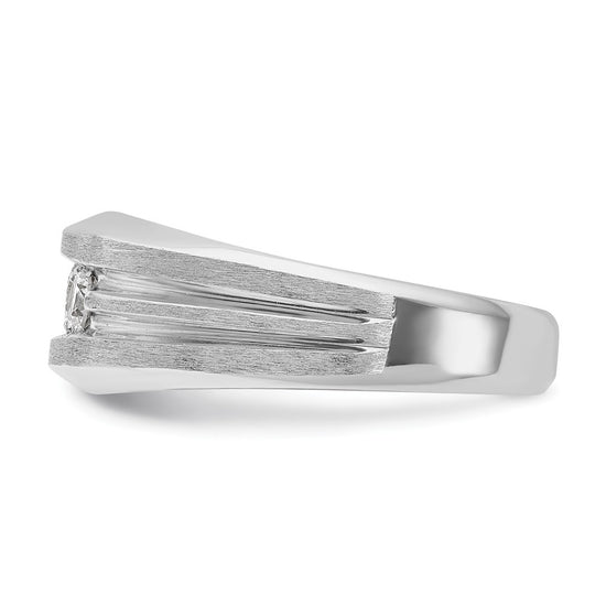 14k White Gold Men's Polished Satin and Grooved 3-Stone 1/2 Carat AA Quality Diamond Ring
