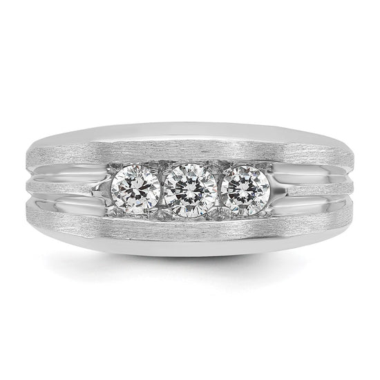 14k White Gold Men's Polished Satin and Grooved 3-Stone 1/2 Carat AA Quality Diamond Ring