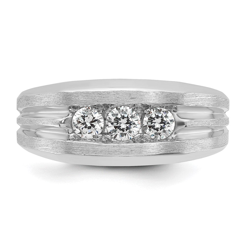 14k White Gold Men's Polished Satin and Grooved 3-Stone 1/2 Carat AA Quality Diamond Ring
