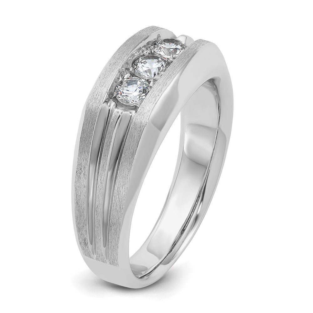 14k White Gold Men's Polished Satin and Grooved 3-Stone 1/2 Carat AA Quality Diamond Ring