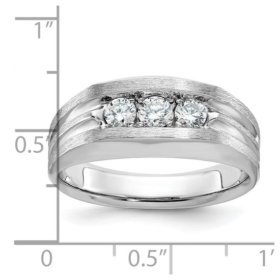 14k White Gold Men's Polished Satin and Grooved 3-Stone 1/2 Carat AA Quality Diamond Ring