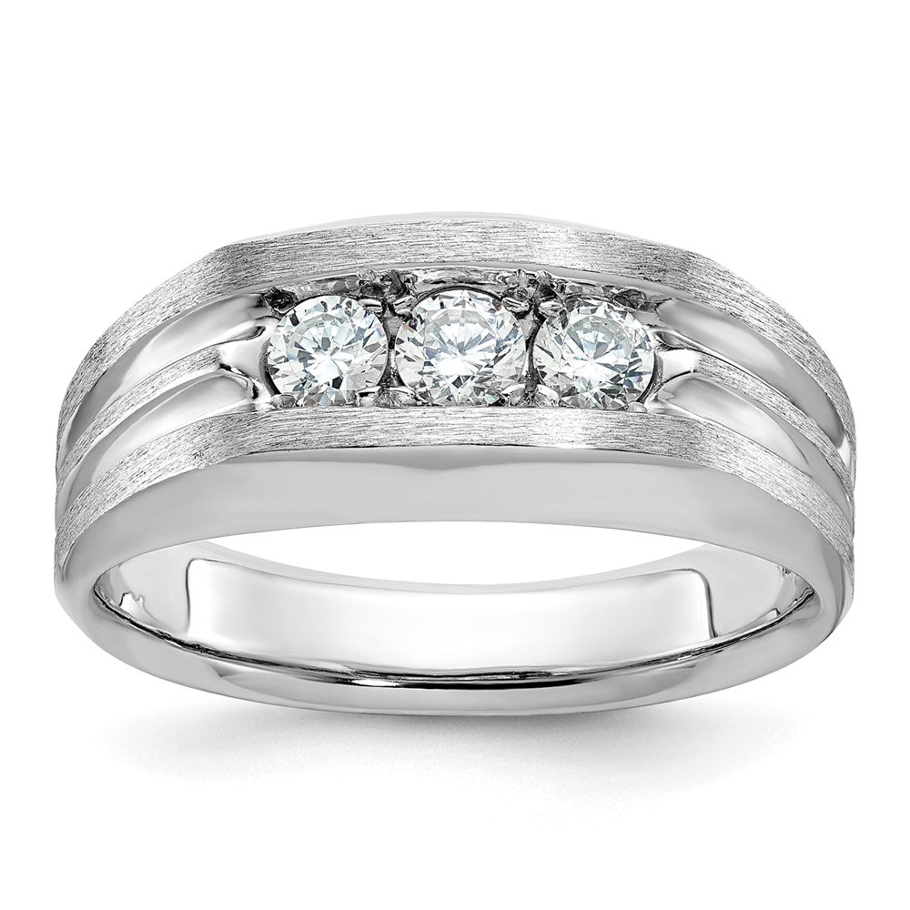 14k White Gold Men's Polished Satin and Grooved 3-Stone 1/2 Carat AA Quality Diamond Ring