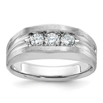14k White Gold Men's Polished Satin and Grooved 3-Stone 1/2 Carat AA Quality Diamond Ring