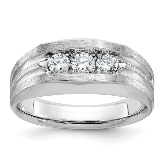 14k White Gold Men's Polished Satin and Grooved 3-Stone 1/2 Carat AA Quality Diamond Ring
