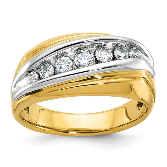 14k Two-tone Men's Polished and Grooved Graduated 7-Stone 1/2 Carat AA Quality Diamond Ring