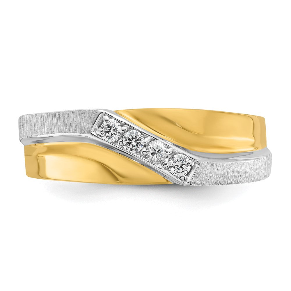 14k Two-tone Men's Polished Satin and Grooved 4-Stone 1/8 Carat AA Quality Diamond Ring