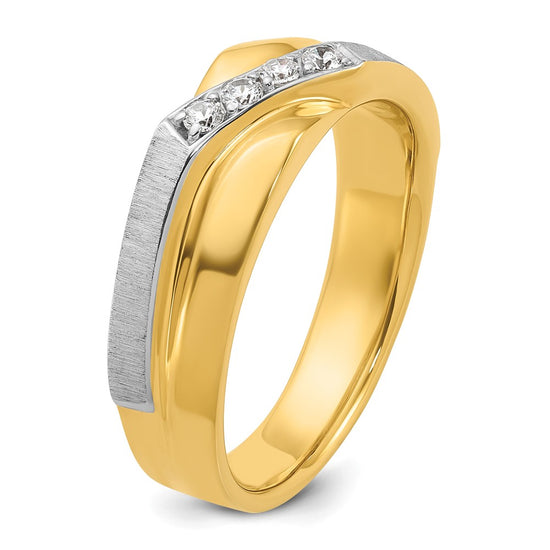 14k Two-tone Men's Polished Satin and Grooved 4-Stone 1/8 Carat AA Quality Diamond Ring
