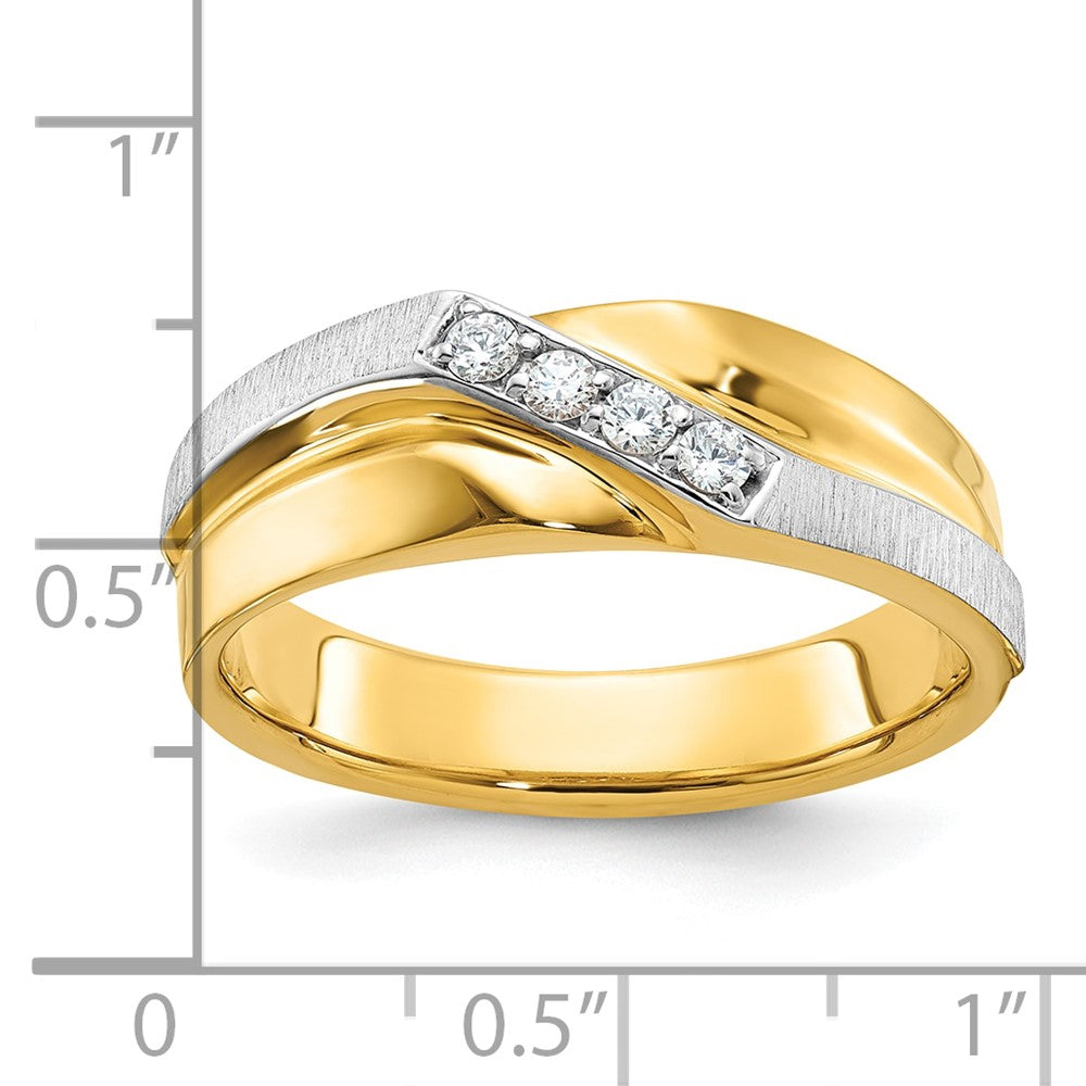 14k Two-tone Men's Polished Satin and Grooved 4-Stone 1/8 Carat AA Quality Diamond Ring