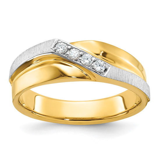 14k Two-tone Men's Polished Satin and Grooved 4-Stone 1/8 Carat AA Quality Diamond Ring