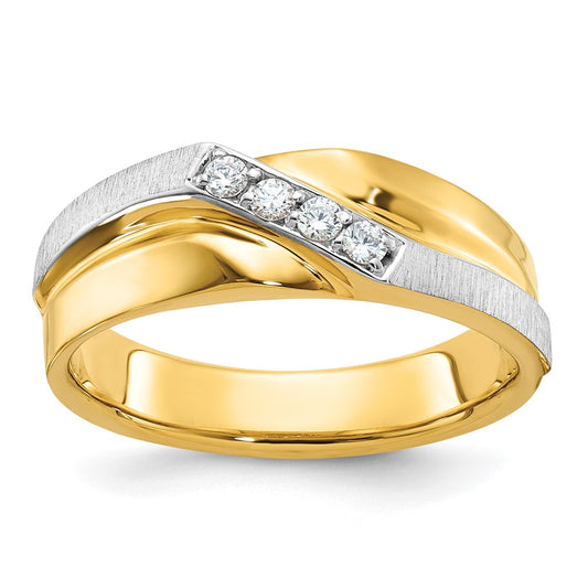 14k Two-tone Men's Polished Satin and Grooved 4-Stone 1/8 Carat AA Quality Diamond Ring
