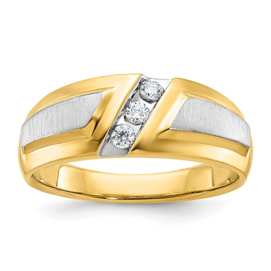 14k Two-tone Men's Polished and Satin 3-Stone 1/5 Carat AA Quality Diamond Ring