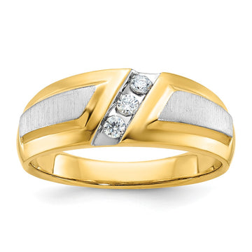14k Two-tone Men's Polished and Satin 3-Stone 1/5 Carat AA Quality Diamond Ring
