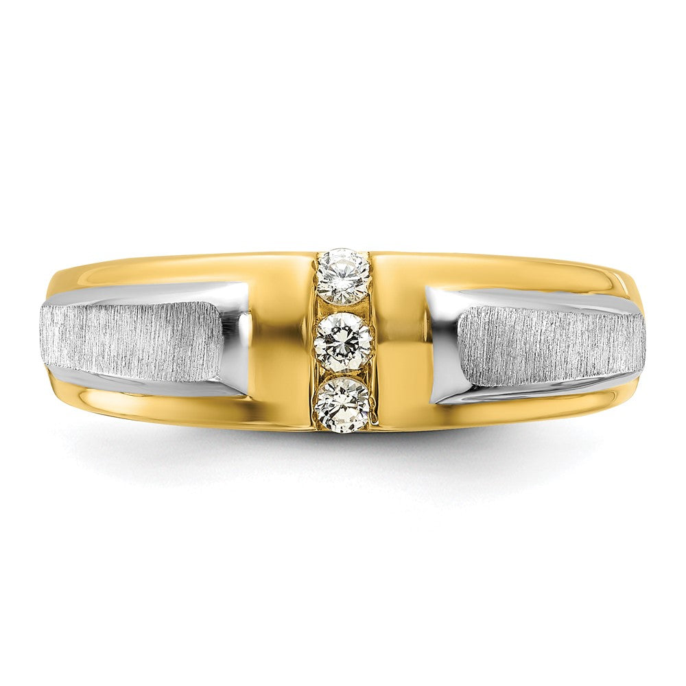 14k Two-tone 1/8 carat Lab Grown Diamond VS/SI+ G+ Complete Polished and Satin Men's Three Stone Ring