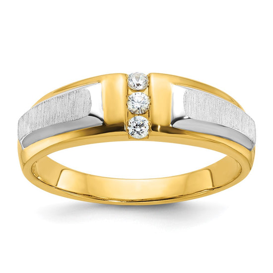 14k Two-tone 1/8 carat Lab Grown Diamond VS/SI+ G+ Complete Polished and Satin Men's Three Stone Ring