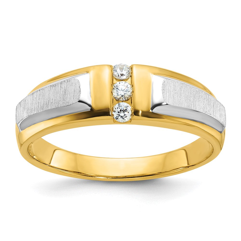 14k Two-tone 1/8 carat Lab Grown Diamond VS/SI+ G+ Complete Polished and Satin Men's Three Stone Ring