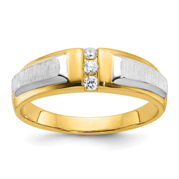 14k Two-tone 1/8 carat Lab Grown Diamond VS/SI+ G+ Complete Polished and Satin Men's Three Stone Ring