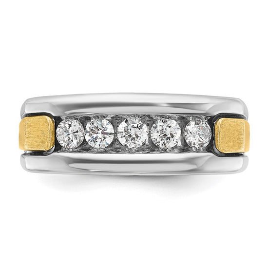14k Two-tone Men's Polished Satin and Grooved 5-Stone 1/2 Carat AA Quality Diamond Square Ring