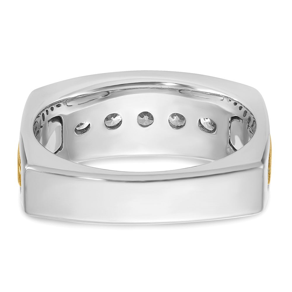 14k Two-tone Men's Polished Satin and Grooved 5-Stone 1/2 Carat AA Quality Diamond Square Ring