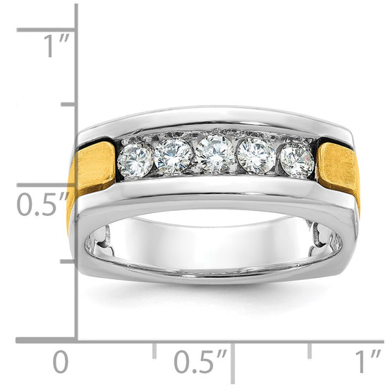 14k Two-tone Men's Polished Satin and Grooved 5-Stone 1/2 Carat AA Quality Diamond Square Ring