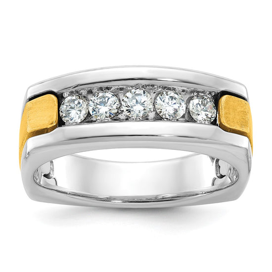 14k Two-tone Men's Polished Satin and Grooved 5-Stone 1/2 Carat AA Quality Diamond Square Ring