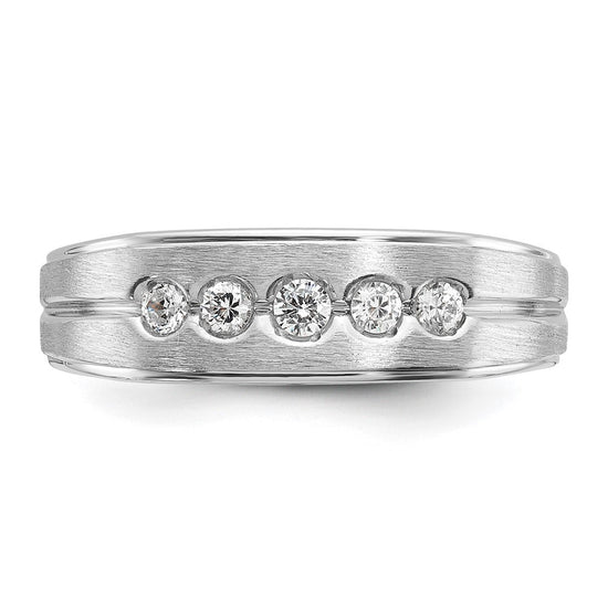 14k White Gold Men's Polished Satin and Grooved 1/4 Carat AA Quality Diamond 5-Stone Ring
