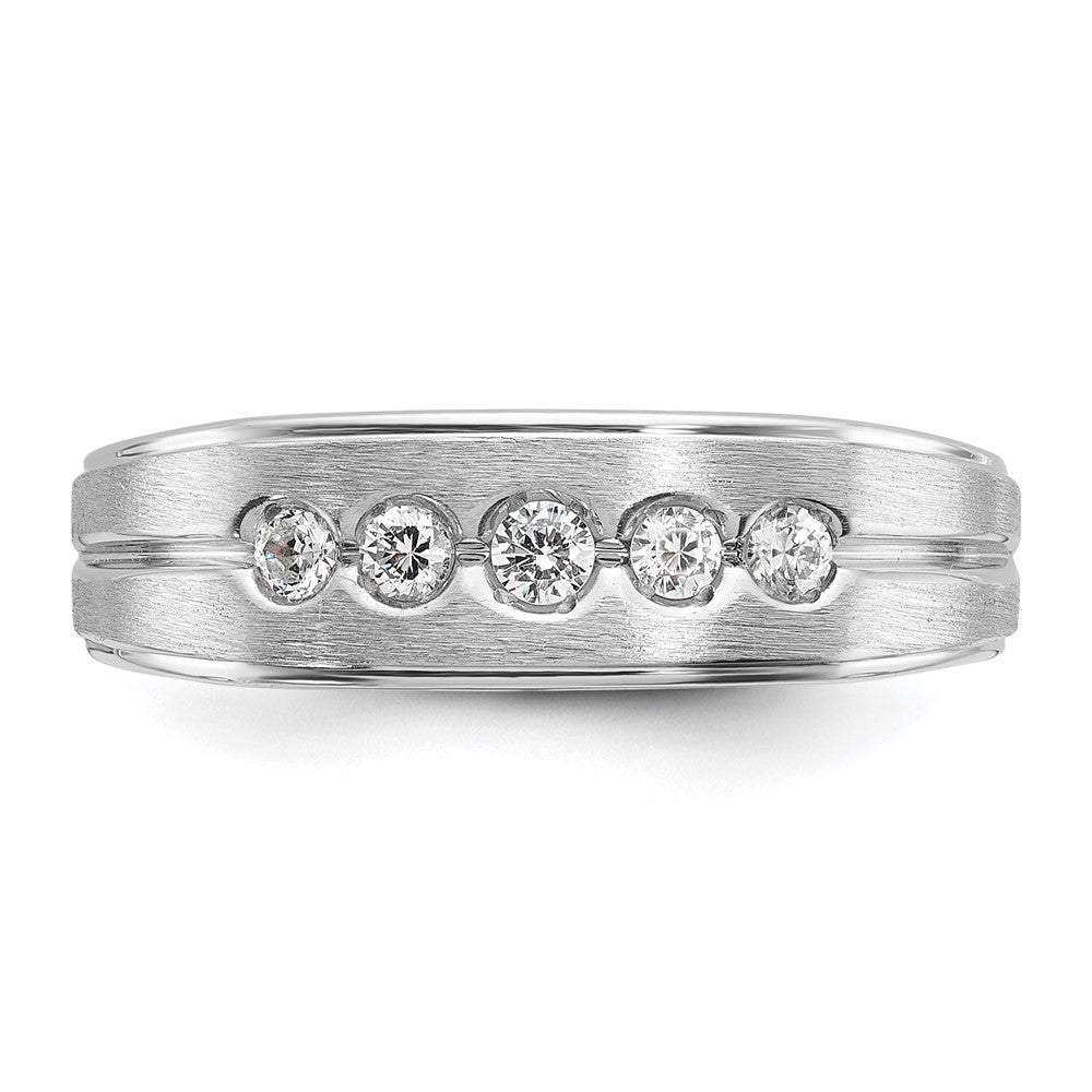 14k White Gold Men's Polished Satin and Grooved 1/4 Carat AA Quality Diamond 5-Stone Ring
