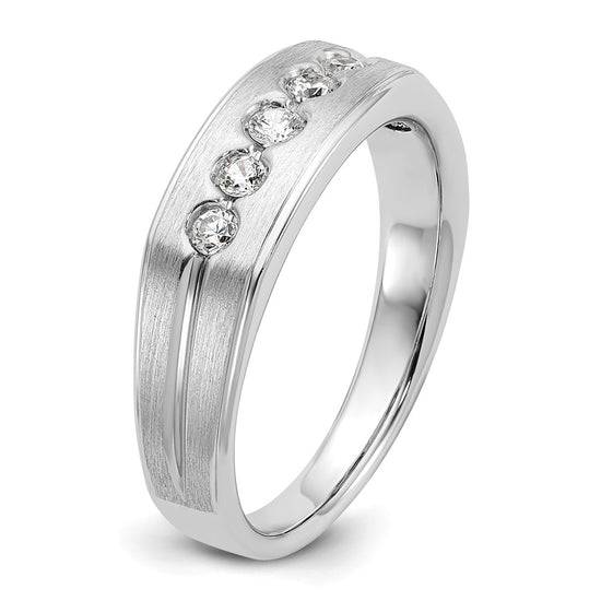 14k White Gold Men's Polished Satin and Grooved 1/4 Carat AA Quality Diamond 5-Stone Ring