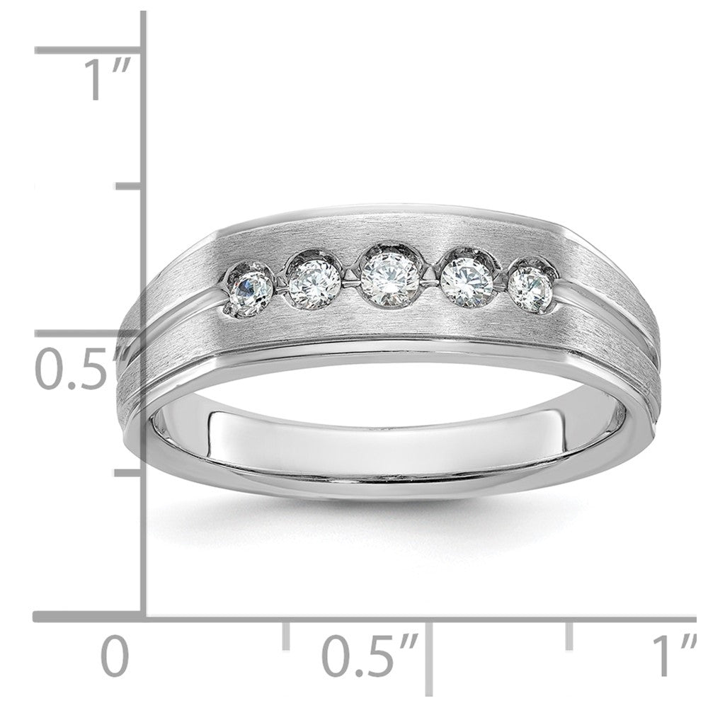 14k White Gold Men's Polished Satin and Grooved 1/4 Carat AA Quality Diamond 5-Stone Ring