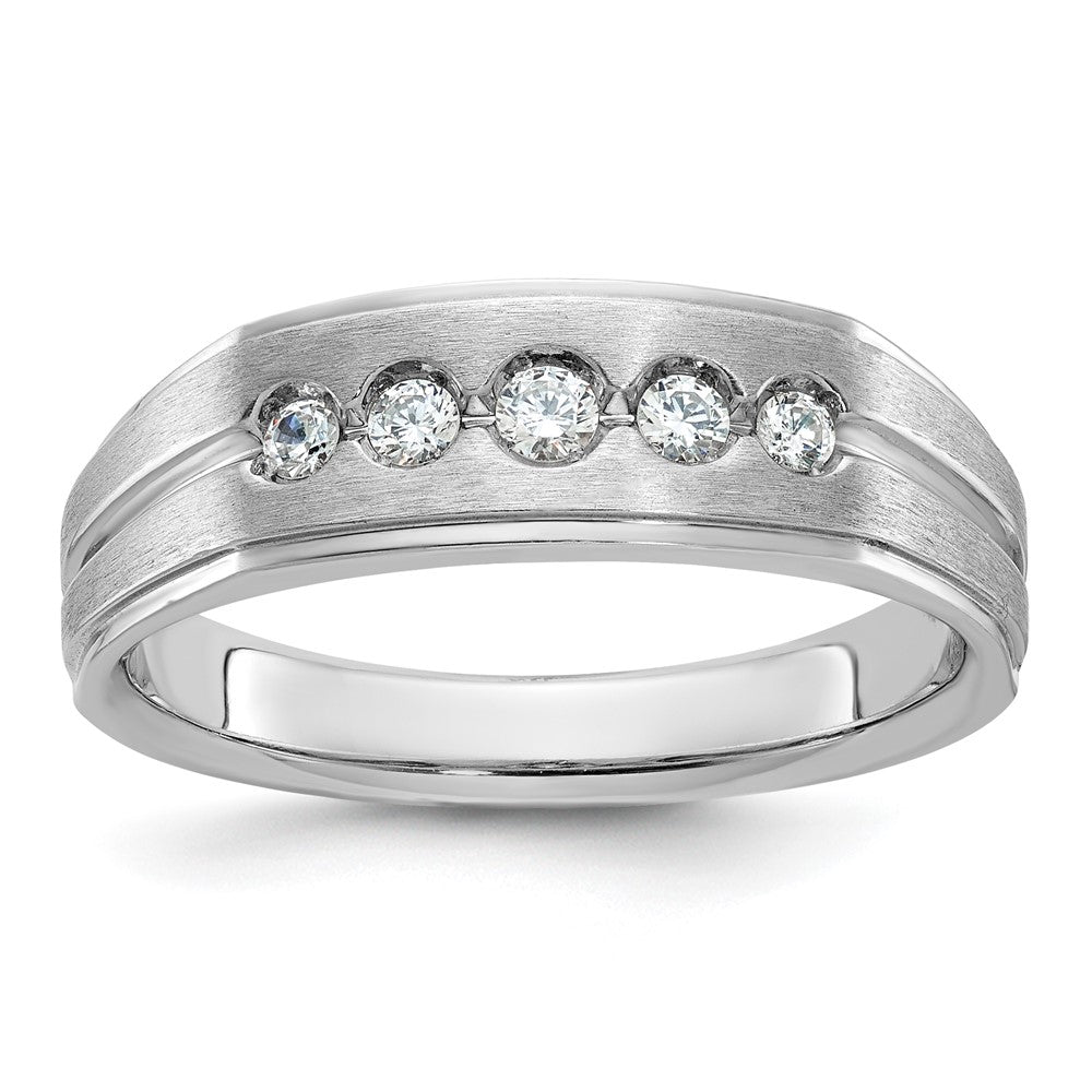 14k White Gold Men's Polished Satin and Grooved 1/4 Carat AA Quality Diamond 5-Stone Ring