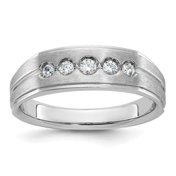 14k White Gold Men's Polished Satin and Grooved 1/4 Carat AA Quality Diamond 5-Stone Ring