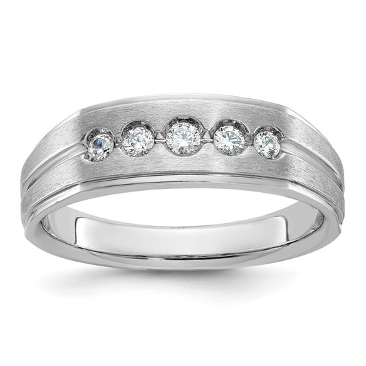 14k White Gold Men's Polished Satin and Grooved 1/4 Carat AA Quality Diamond 5-Stone Ring