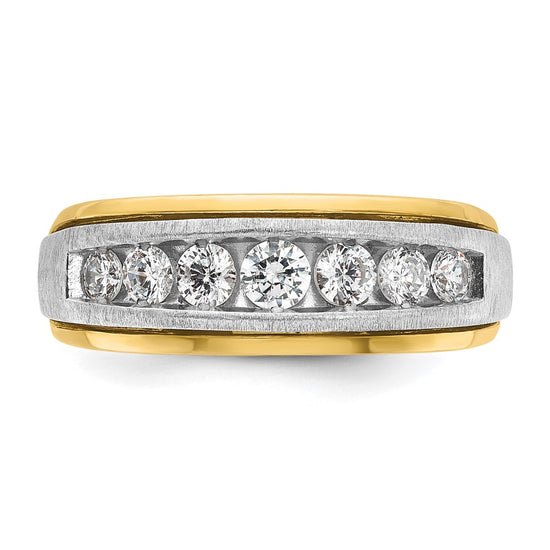 14k Two-tone Men's Polished Satin and Grooved 7-Stone 3/4 Carat AA Quality Diamond Ring