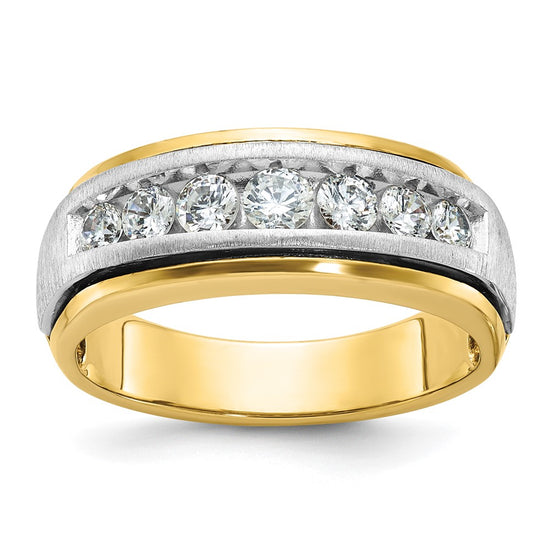 14k Two-tone Men's Polished Satin and Grooved 7-Stone 3/4 Carat AA Quality Diamond Ring