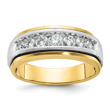 14k Two-tone Men's Polished Satin and Grooved 7-Stone 3/4 Carat AA Quality Diamond Ring