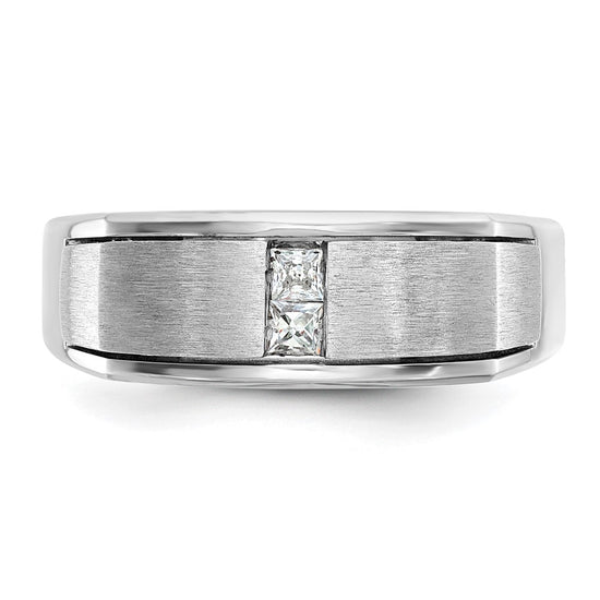 14k White Gold Men's Polished Antiqued and Satin 1/10 Carat AA Quality Diamond Ring