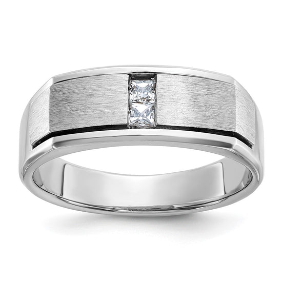 14k White Gold Men's Polished Antiqued and Satin 1/10 Carat AA Quality Diamond Ring