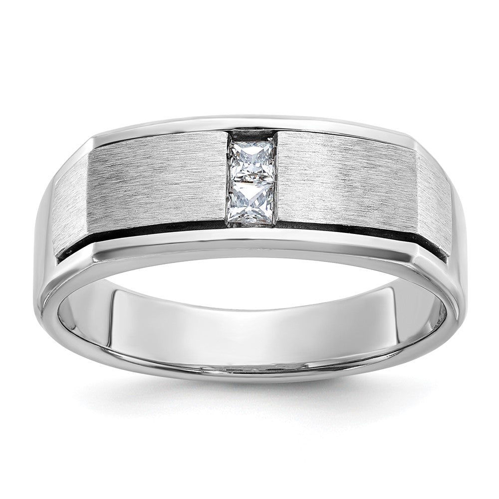 14k White Gold Men's Polished Antiqued and Satin 1/10 Carat AA Quality Diamond Ring