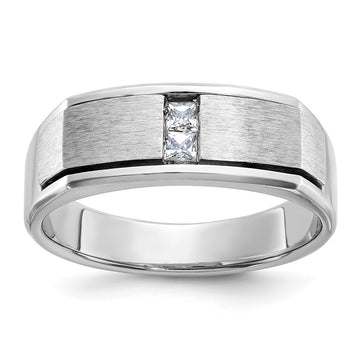 14k White Gold Men's Polished Antiqued and Satin 1/10 Carat AA Quality Diamond Ring