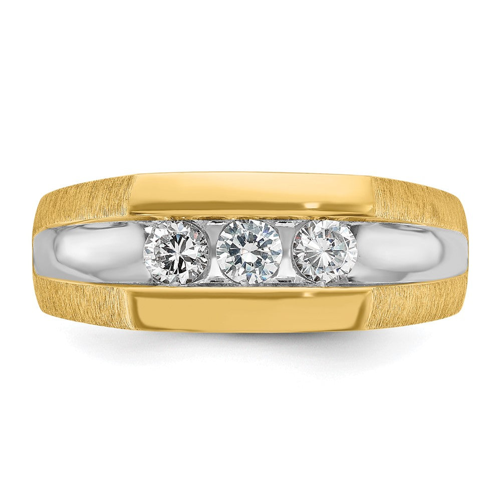 14k with White Rhodium Men's Polished Satin and Grooved 3-Stone 1/2 Carat AA Quality Diamond Ring