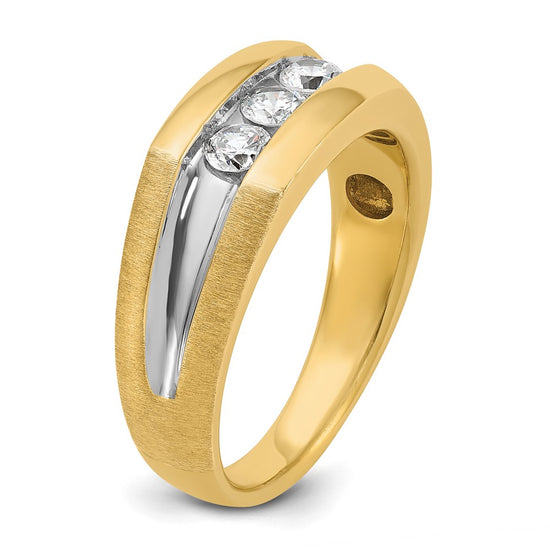 14k with White Rhodium Men's Polished Satin and Grooved 3-Stone 1/2 Carat AA Quality Diamond Ring