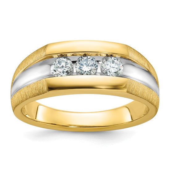14k with White Rhodium Men's Polished Satin and Grooved 3-Stone 1/2 Carat AA Quality Diamond Ring