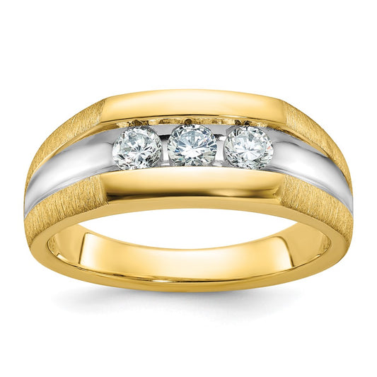 14k with White Rhodium Men's Polished Satin and Grooved 3-Stone 1/2 Carat AA Quality Diamond Ring
