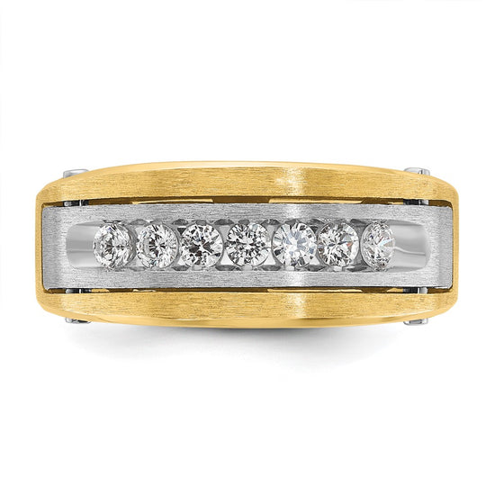14k Two-tone Men's Polished Satin and Grooved 1 Carat AA Quality Diamond Cluster Ring