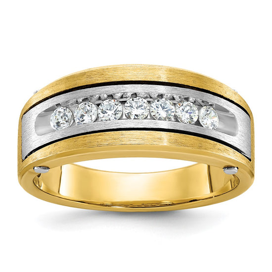 14k Two-tone Men's Polished Satin and Grooved 1 Carat AA Quality Diamond Cluster Ring