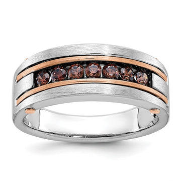 14k White and Rose Gold Men's Polished and Satin 7-Stone 1/2 Carat Brown Diamond Ring