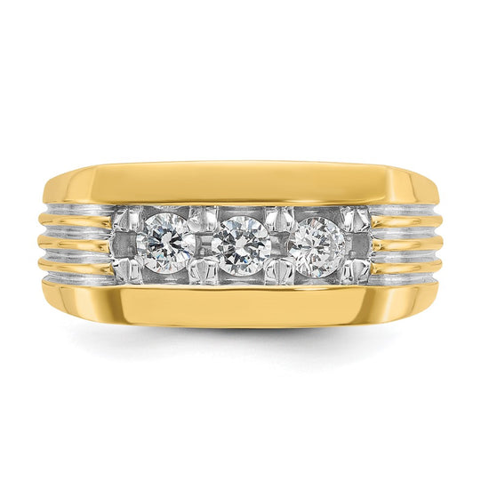 14k with White Rhodium Men's Polished and Grooved 3-Stone 1/2 Carat AA Quality Diamond Ring
