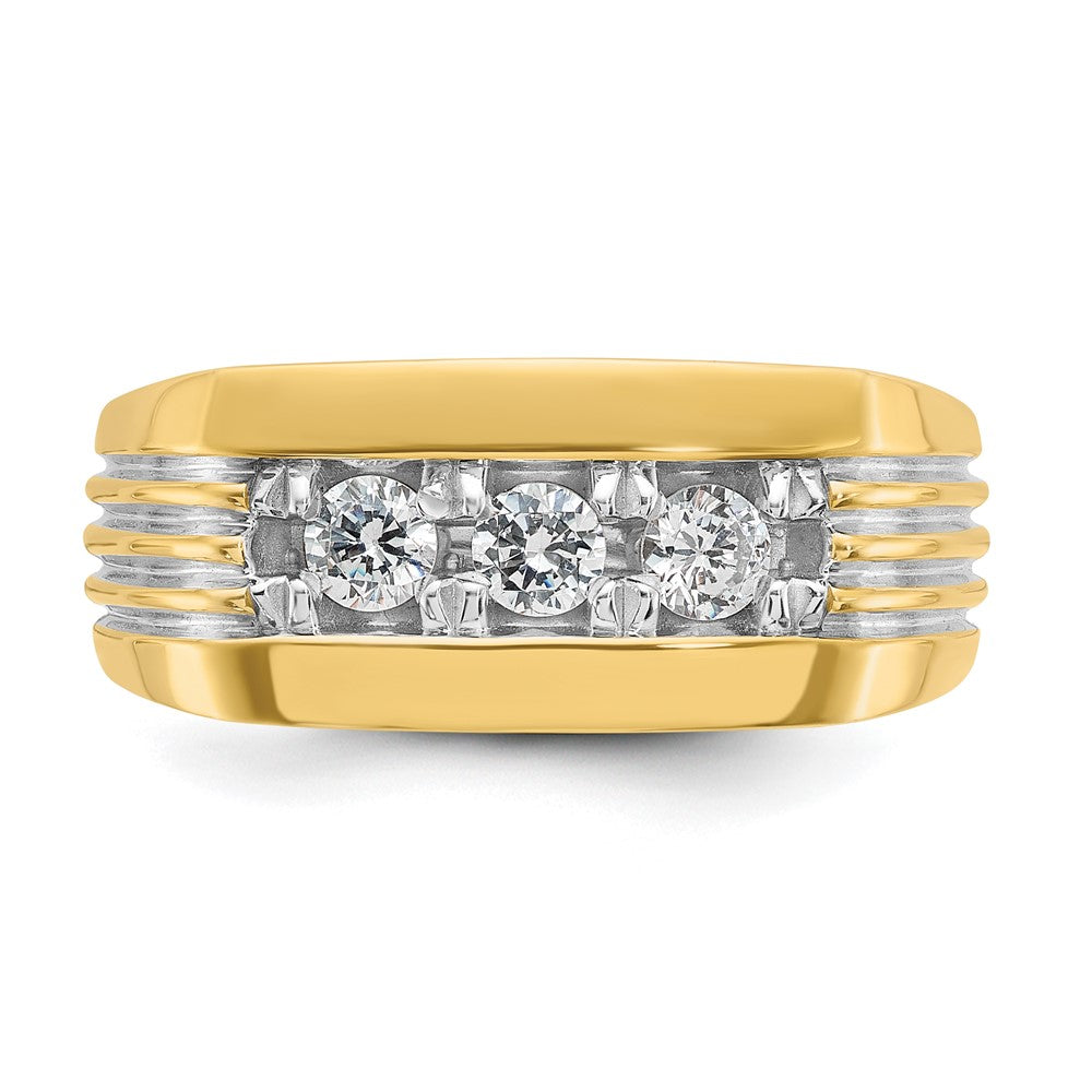 14k with White Rhodium Men's Polished and Grooved 3-Stone 1/2 Carat AA Quality Diamond Ring