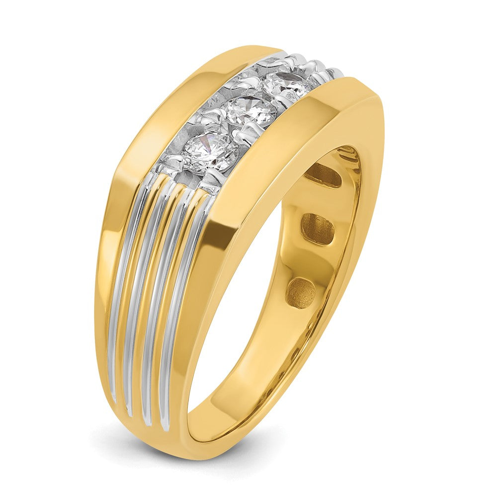 14k with White Rhodium Men's Polished and Grooved 3-Stone 1/2 Carat AA Quality Diamond Ring