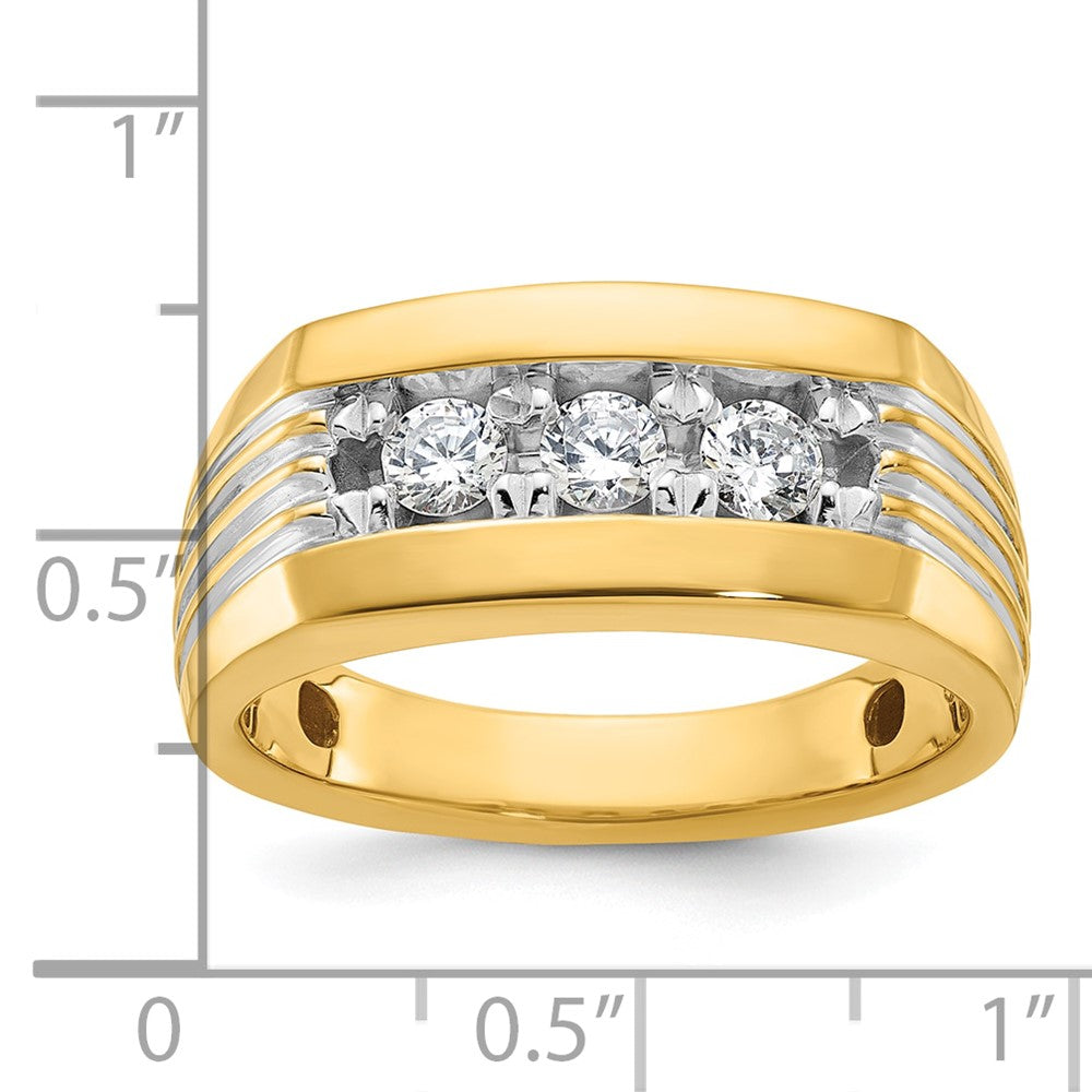 14k with White Rhodium Men's Polished and Grooved 3-Stone 1/2 Carat AA Quality Diamond Ring