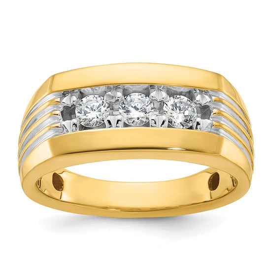 14k with White Rhodium Men's Polished and Grooved 3-Stone 1/2 Carat AA Quality Diamond Ring